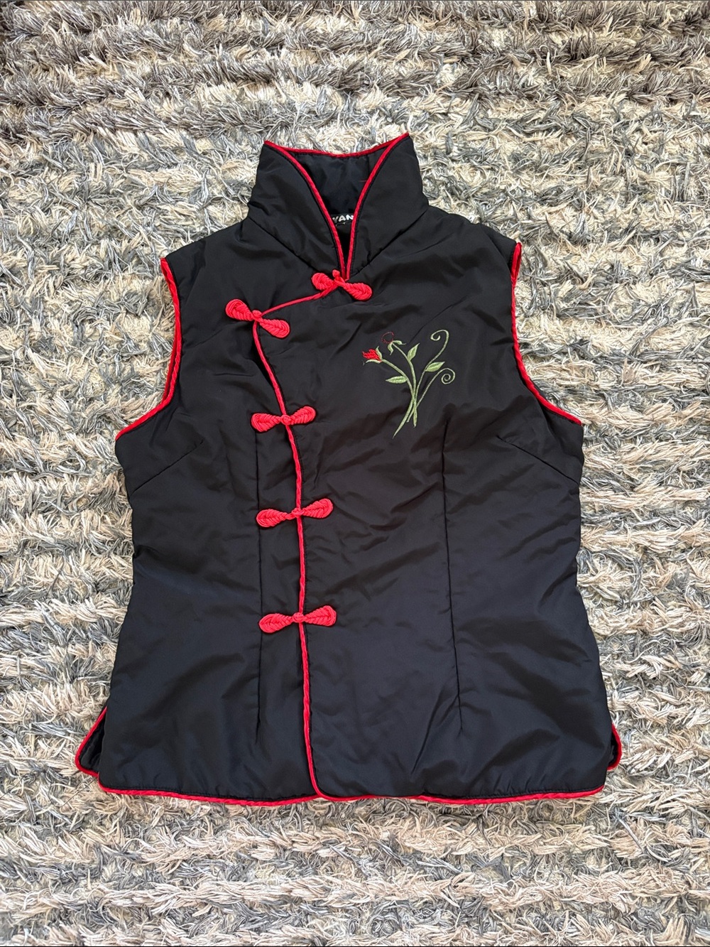 Sleeveless Quilted Black Vest with Red Trim Embroidered Detail & Mandarin Collar